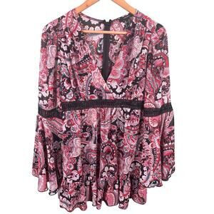 Forever 21 Women's Size Medium Pink Ruffles Paisley Print Bell Sleeve Mini Dress